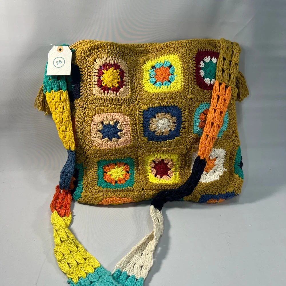 Earthbound Trading Co Granny Square Crochet Crossover Purse Bag Hippy Boho NWT - Picture 2 of 6